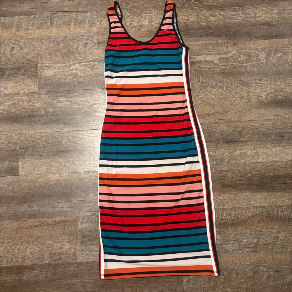 Planet Gold Colorful Striped Midi Dress Sleeveless Knit Ribbed Size S